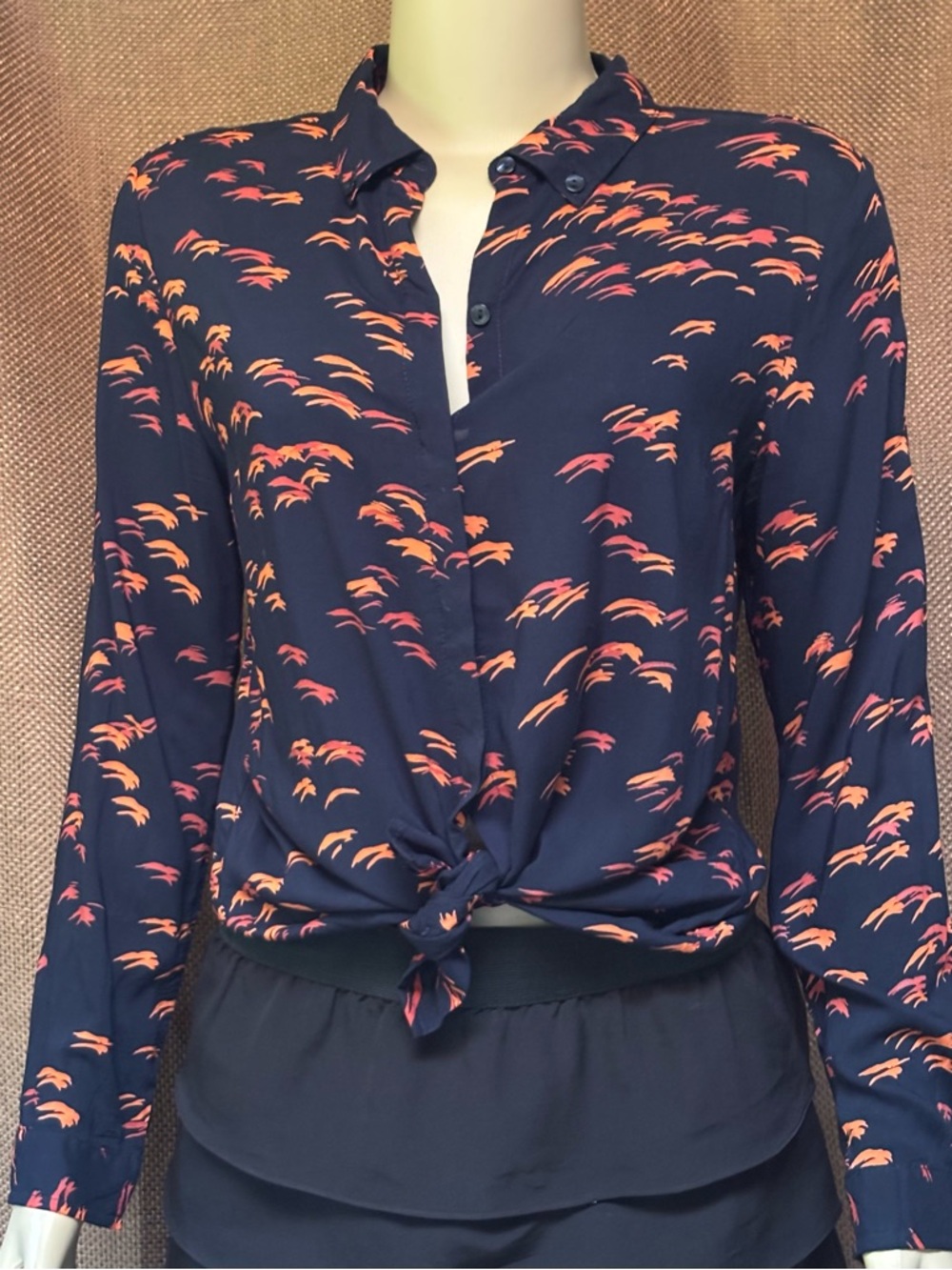 Liz Claiborne Navy Button-Front Blouse with Coral Print